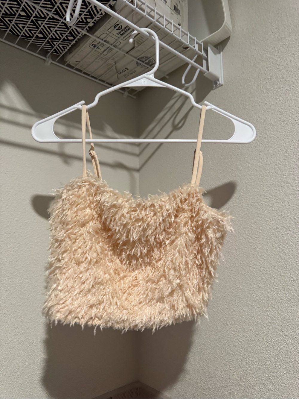 Faux-Fur Beige Tank Top with Spaghetti Straps